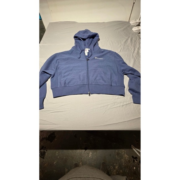 Champion Tops - Champion Womens Blue Cropped Full Zip Hoodie Sweatshirt Size Medium Boxy Logo